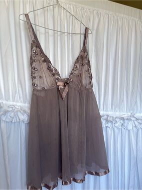 Sheer Embroidered Babydoll Chemise in Taupe